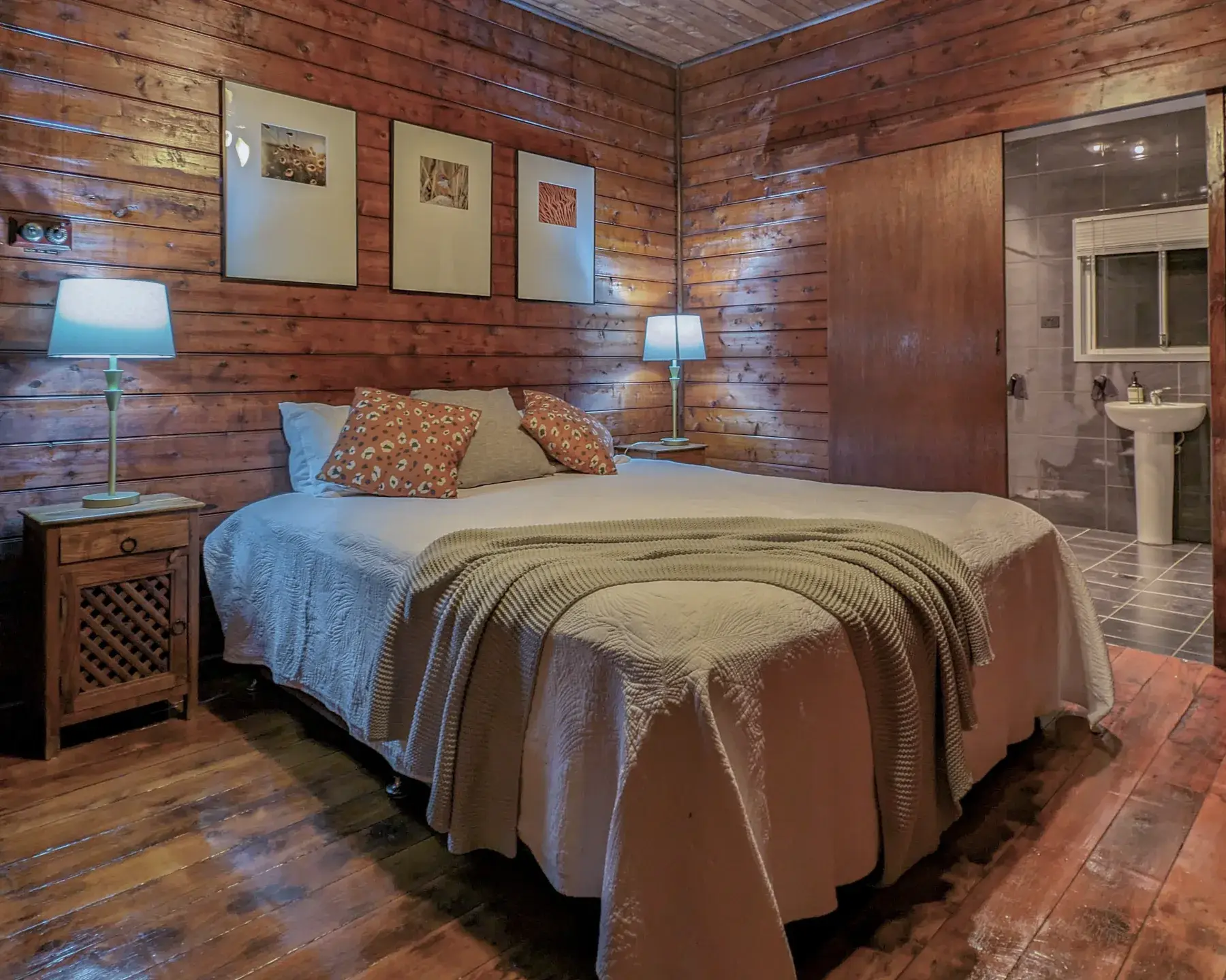 Bedroom one at the Cottage, a king bed with the ensuite through the door