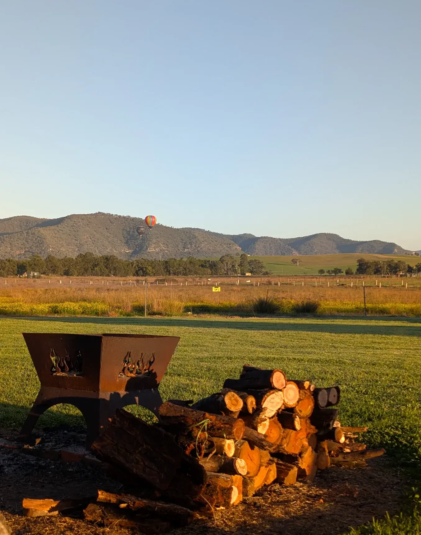 Hot air balloons over the paddocks behind the firepit