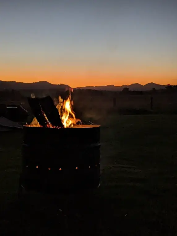 The firepit at dusk at Broke Estate