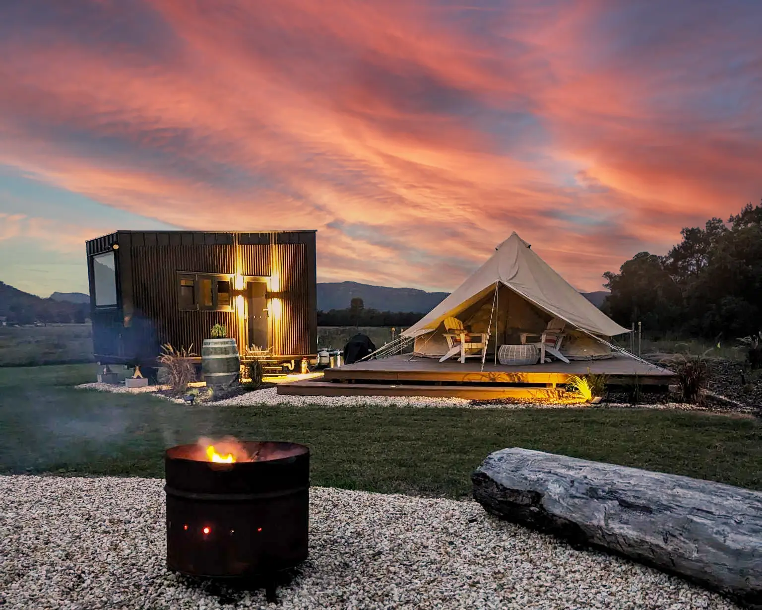 The Bell Tent and amenities pod at dusk, Broke Estate
