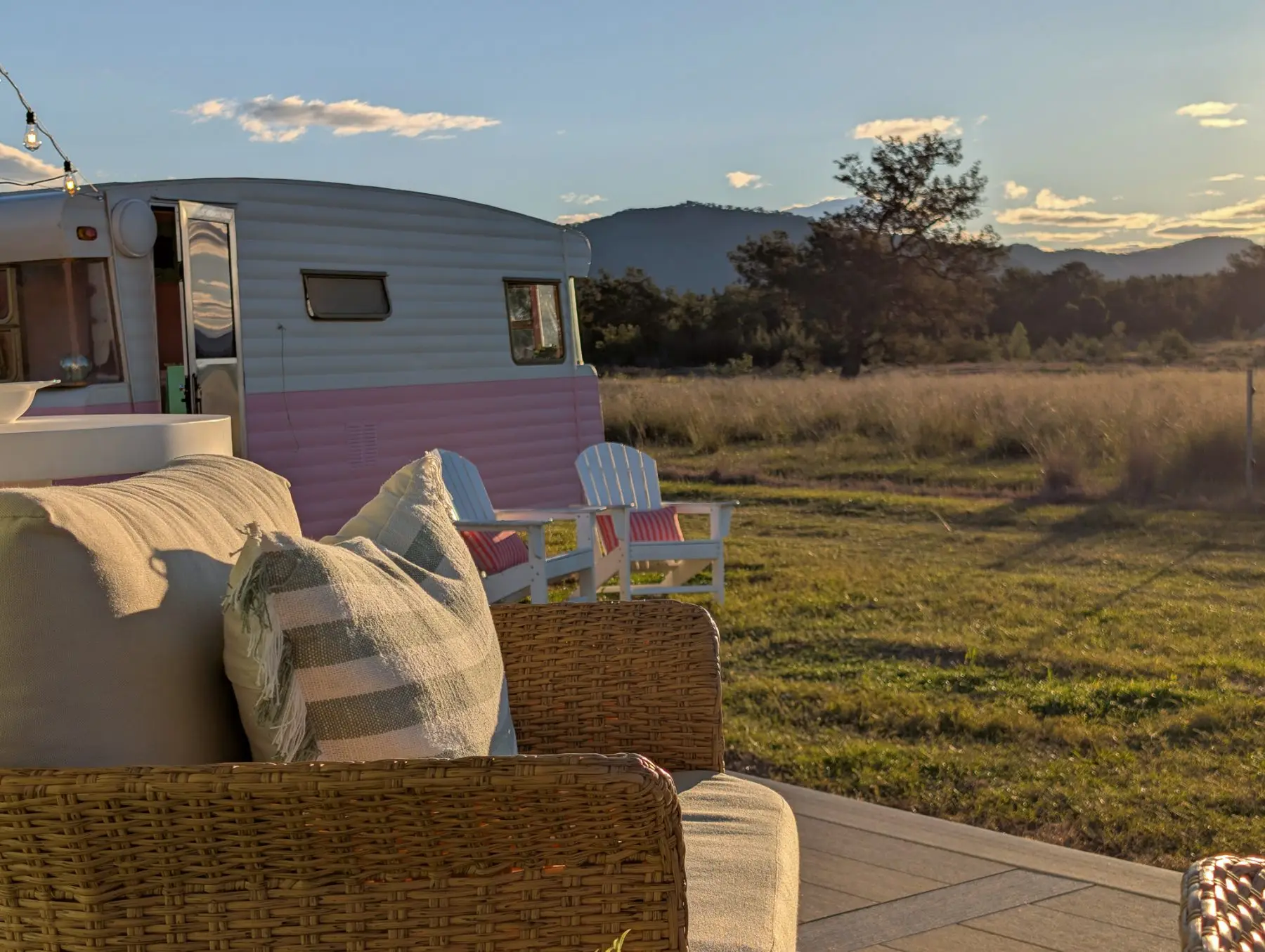 The pink side of the van seen from the pavilion deck